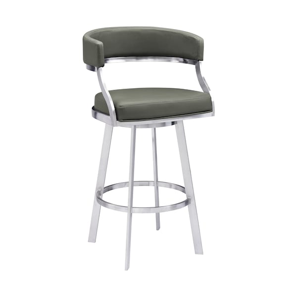 Armen Living Dione 26" Counter Height Swivel Gray Faux Leather and Brushed Stainless Steel Bar Stool 840254335134 - main